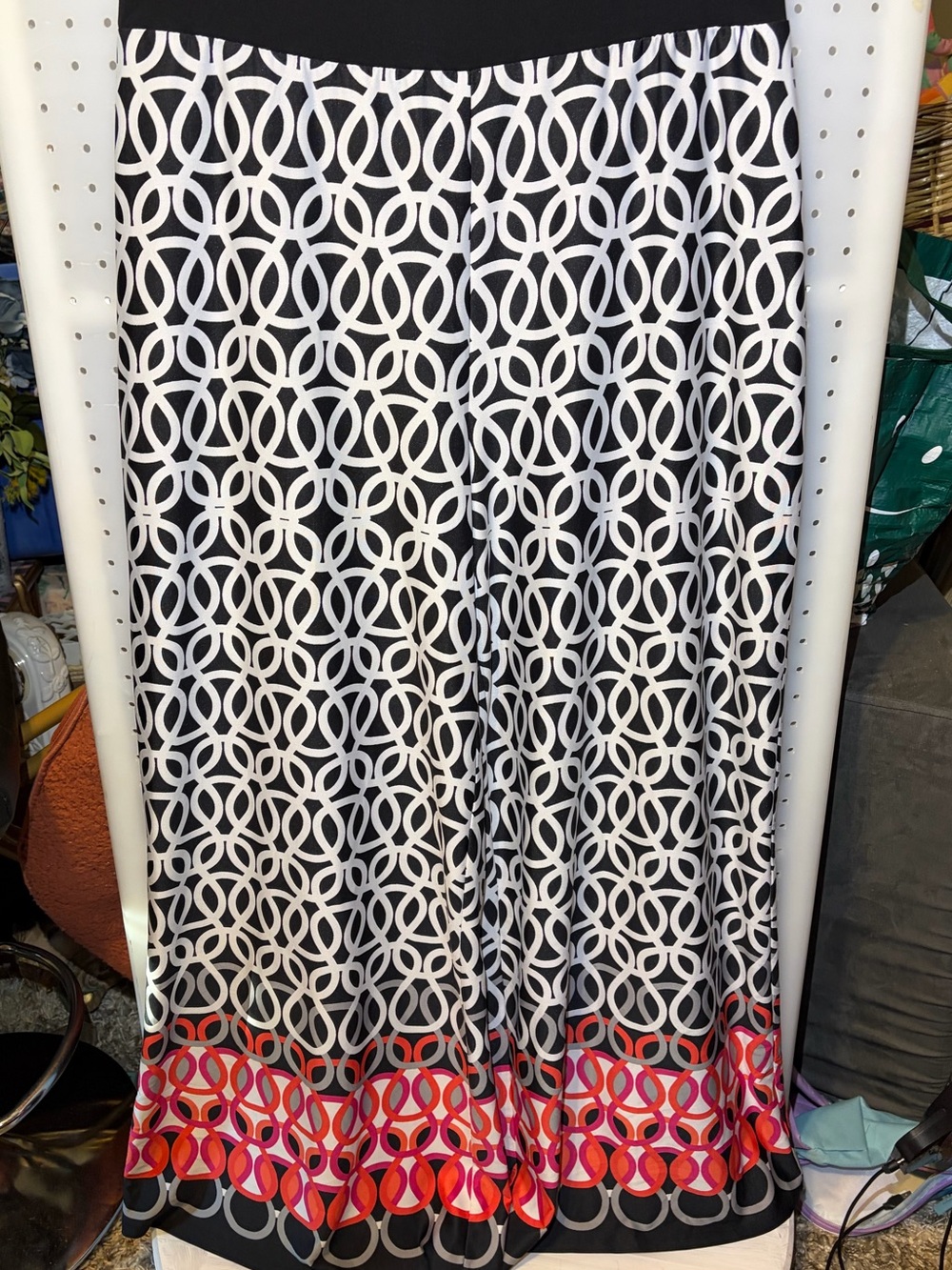 new directions Black & White Geometric Wide Leg Pants with Pink and Red Border